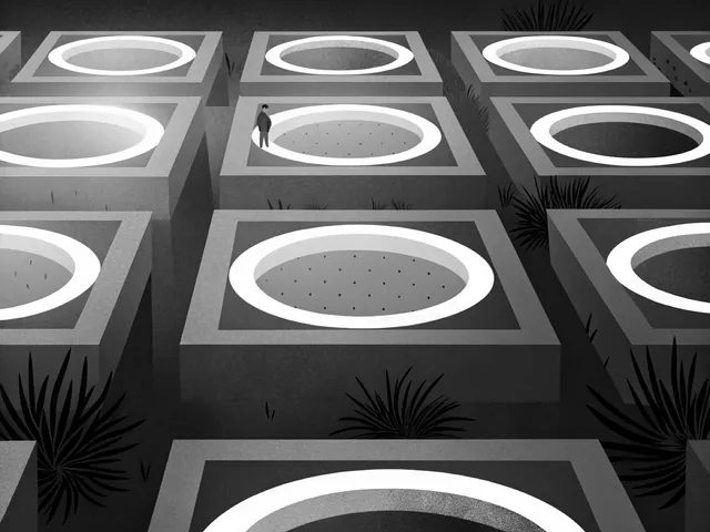 A grid of square planters with round pools, seen from above, a small figure among them